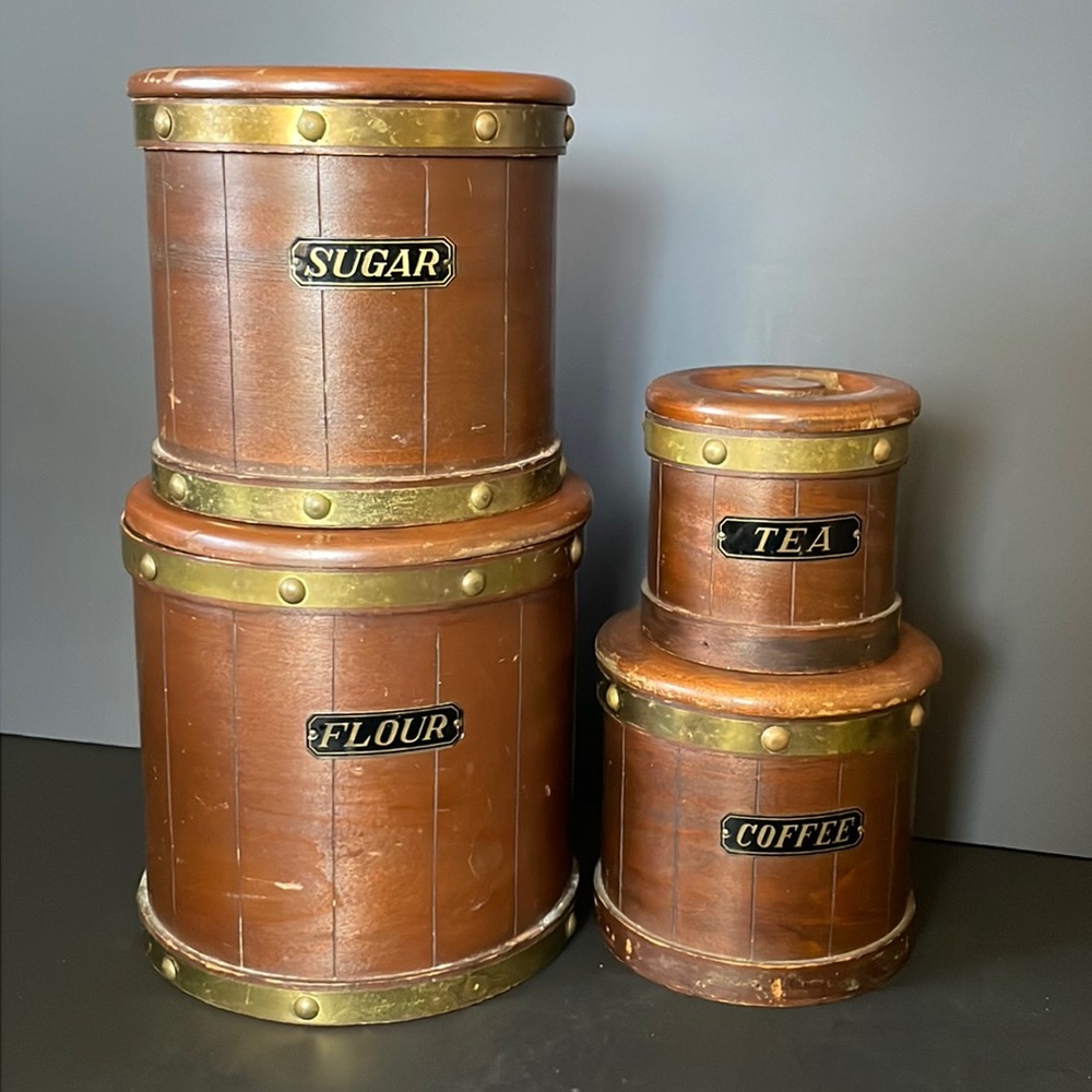 Vintage Kitchen Canisters Round Wood Barrel Set Brass Accent Decor Food Storage